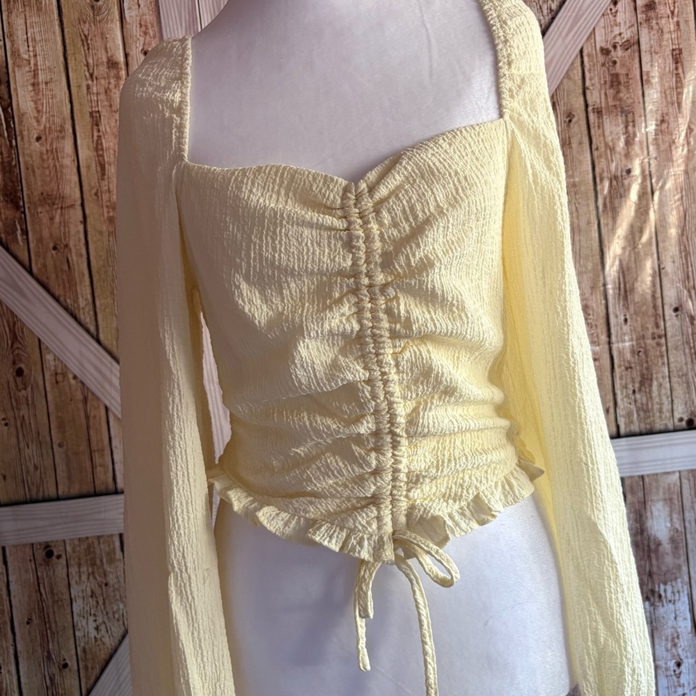 Buckle Yellow Ruched Long Sleeve Blouse